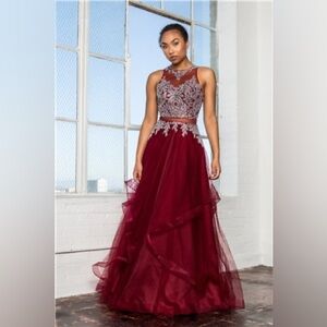 Burgundy Layered Tulle Gown Prom Dresses Formal Evening Party Gowns size S NWT